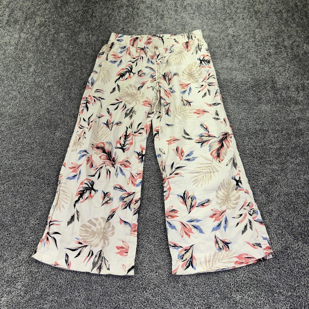 Briggs Pants Womens XL White Tropical Floral Linen Rayon Wide Leg Cropped Beach